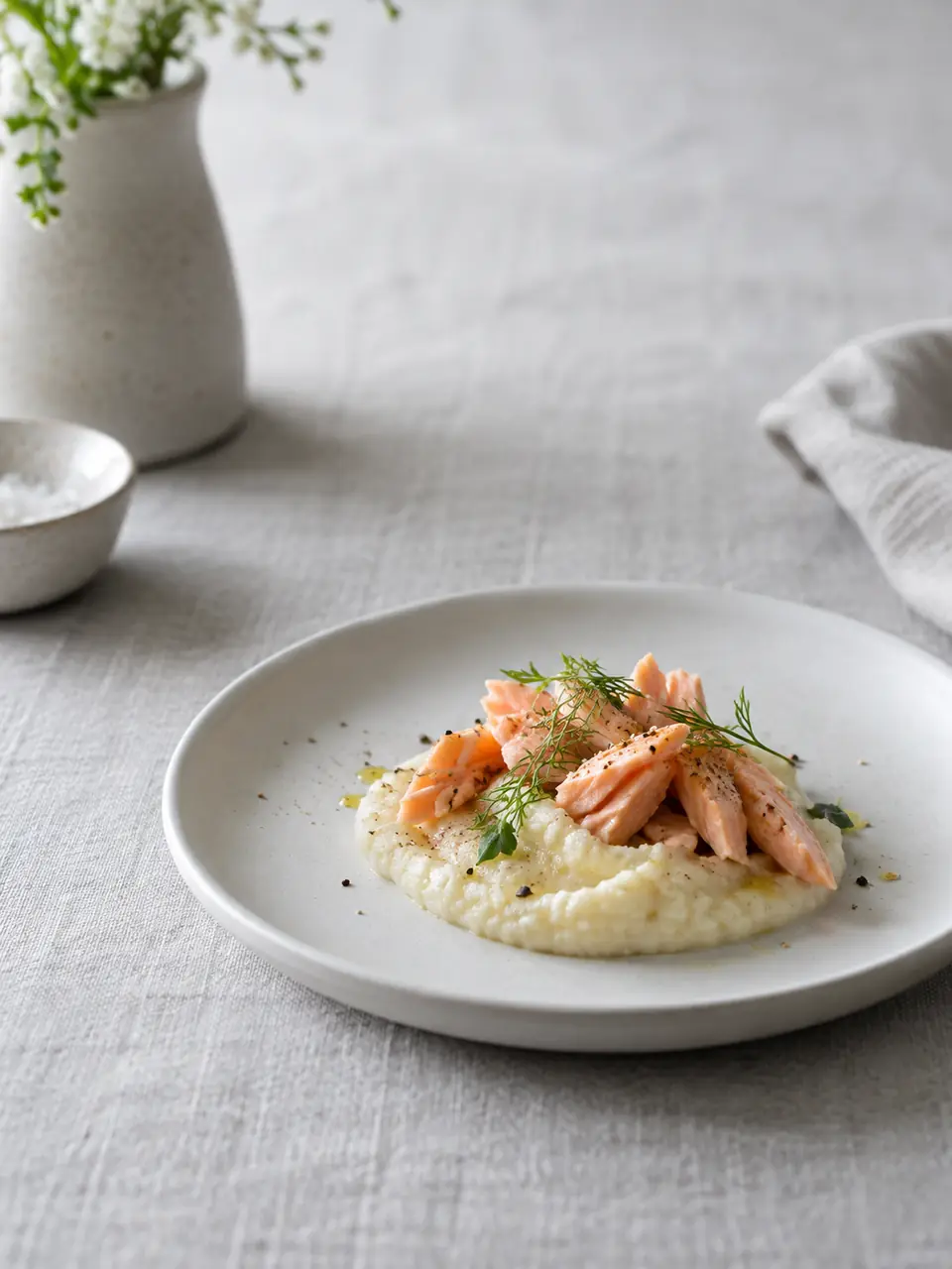 Salmón al vapor con puré de coliflor
