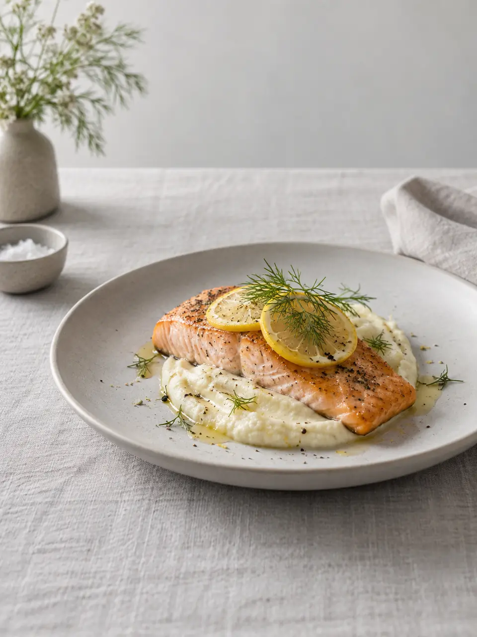 Salmón al horno con puré de coliflor