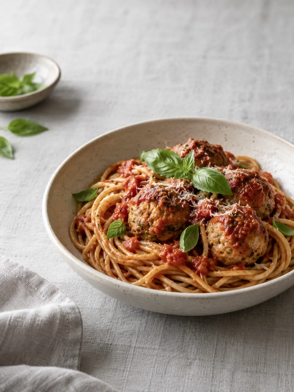 Fideos integrales con albóndigas de pavo