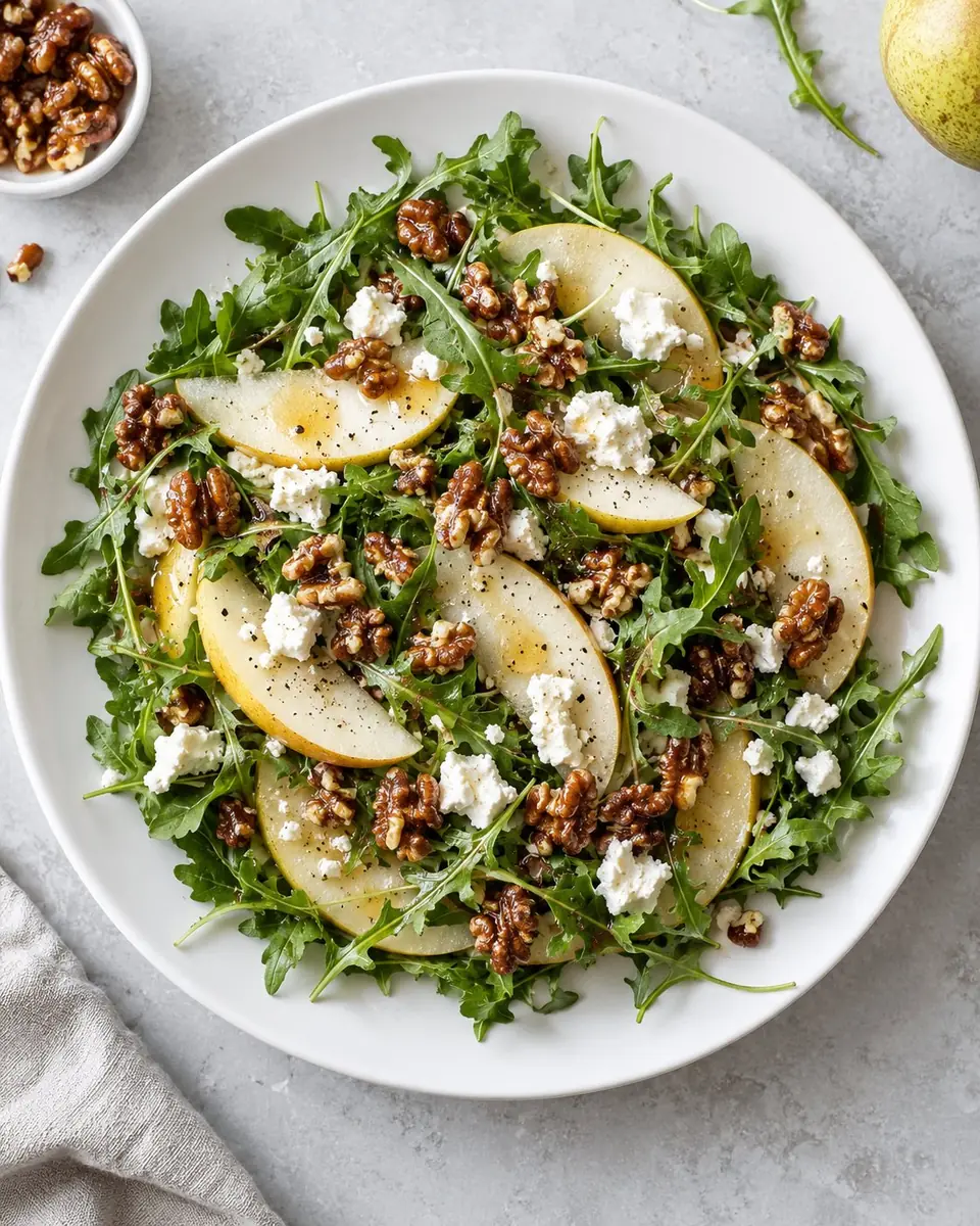 Ensalada de rúcula, peras, nueces caramelizadas y queso de cabra