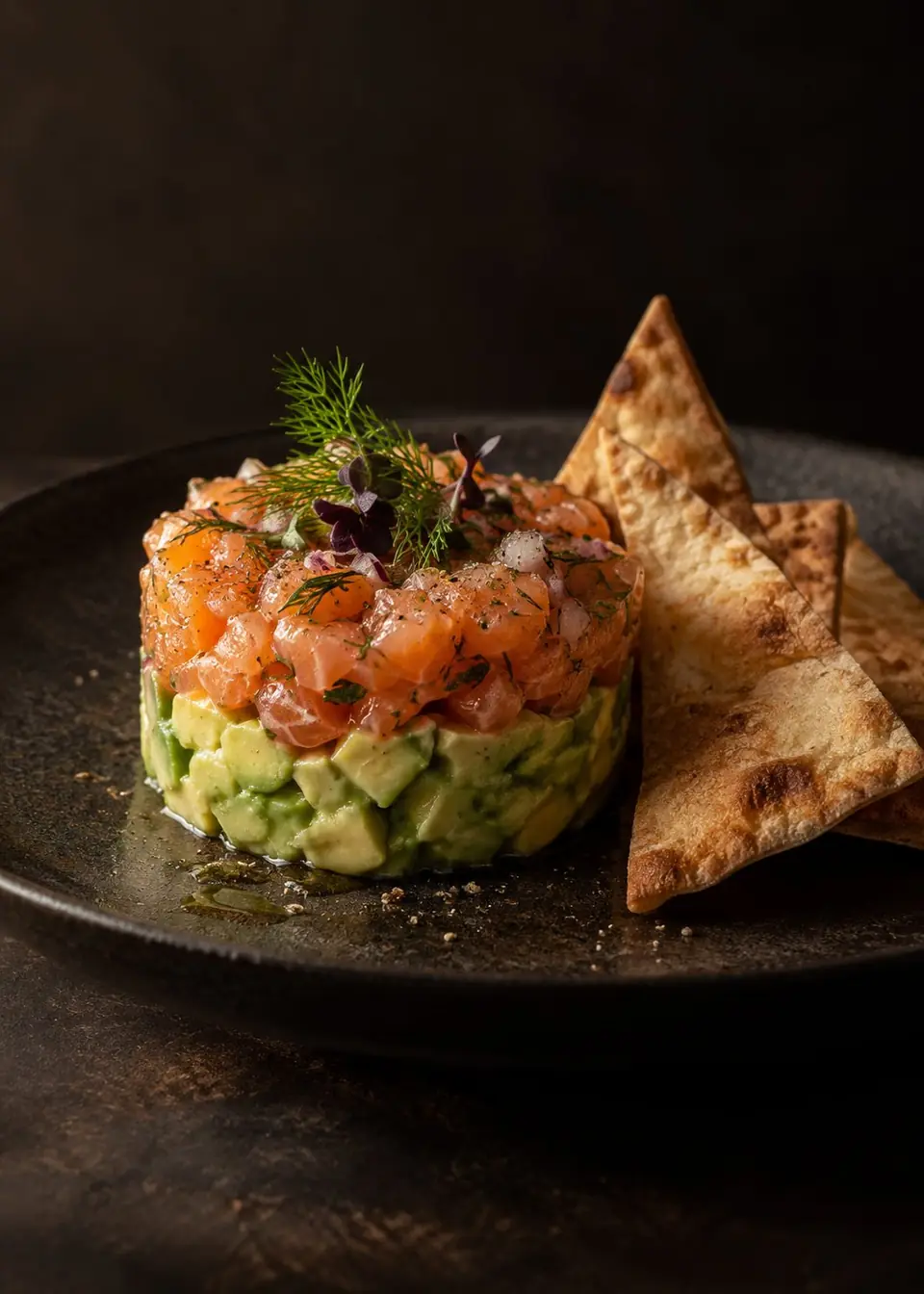 Tártaro de salmón con palta y crujiente de pita