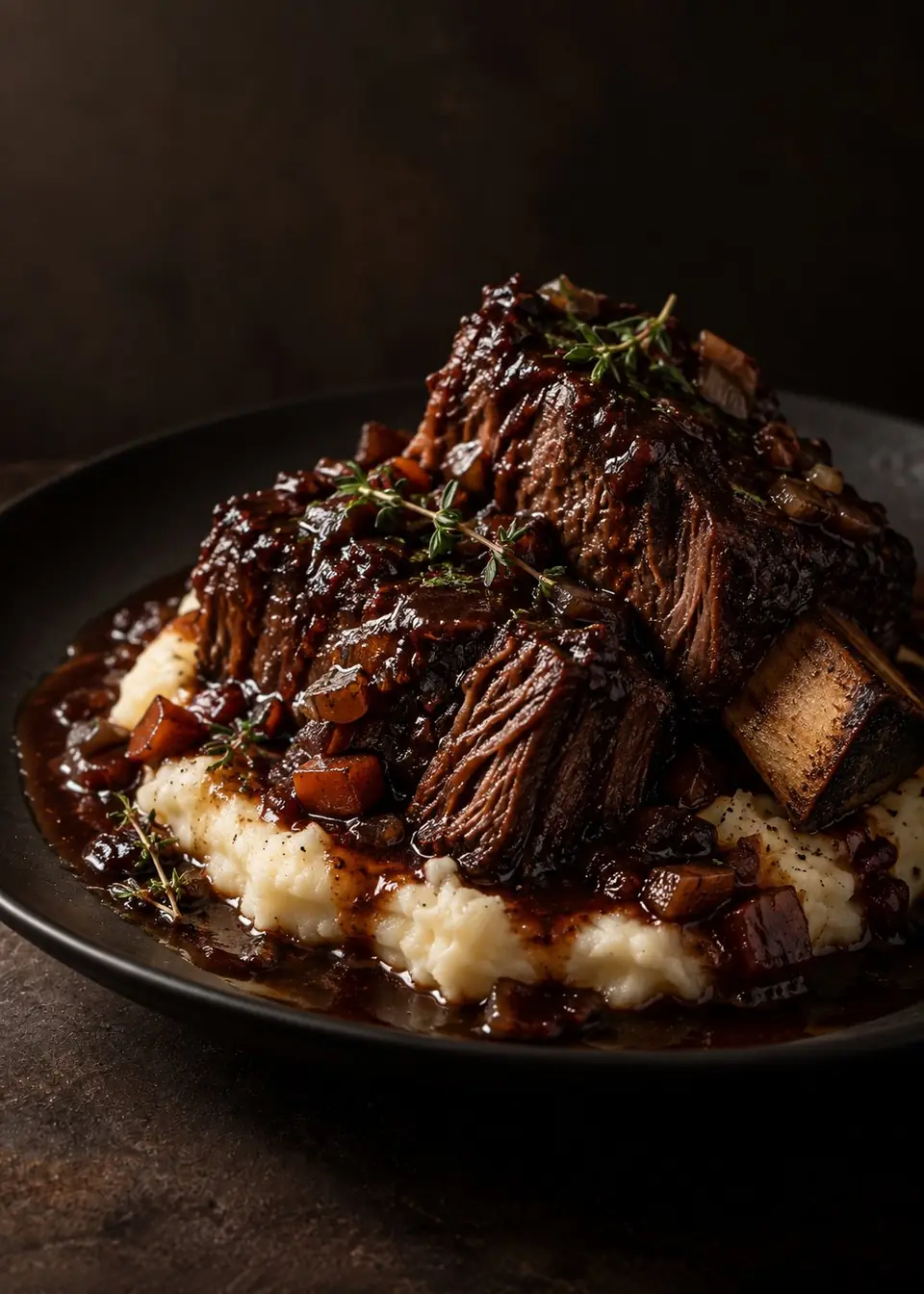 Asado de tira braseado al vino tinto con puré