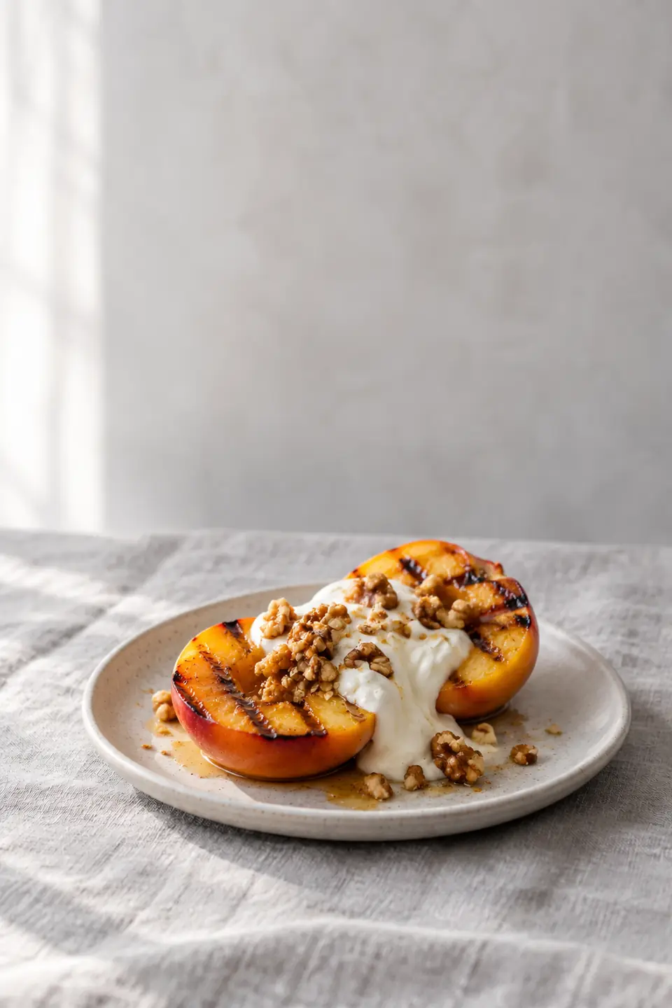 Duraznos a la plancha con yogur y nueces